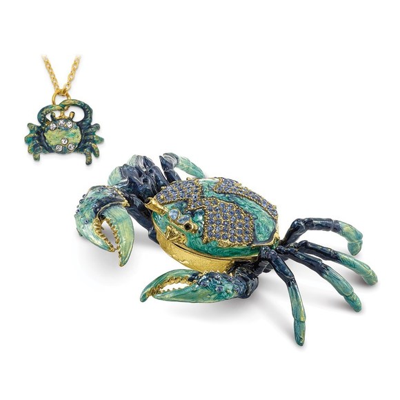 Pewter Bejeweled Crystals Enameled CHESAPEAKE Blue Crab Trinket Box w Pendant - Picture 6 of 6